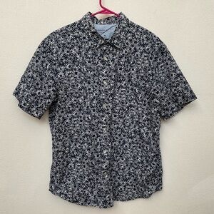 Banana Republic Luxe Poplin Blue, White Patterned Short Sleeve Button Down XL